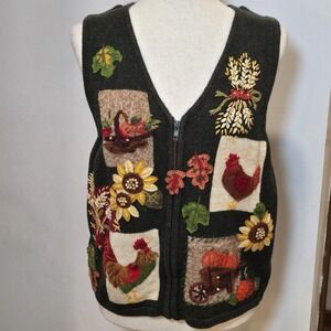Womens Sweater Vest Fall Holiday Cardigan Vtg Zip Green Orange Pumpkin Rooster M